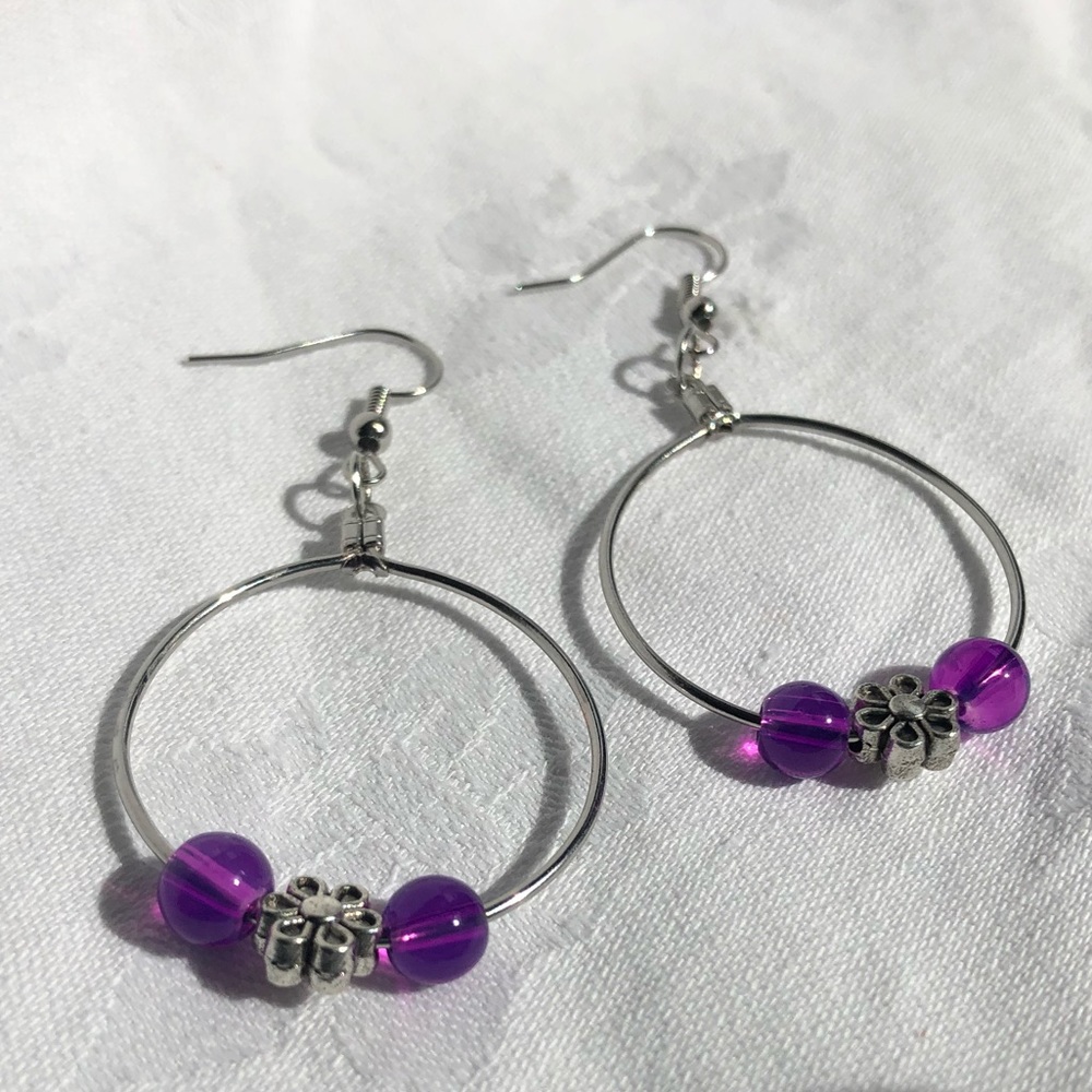 Handmade fishhook earrings- Purple beads and flower charm